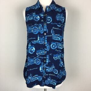 Harley Davidson Blue Motorcycle Print Sleeveless Top Small